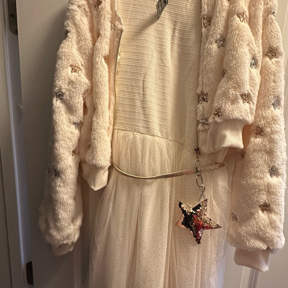 Cream and gold dress and jacket with belt and gold sequin star brand new